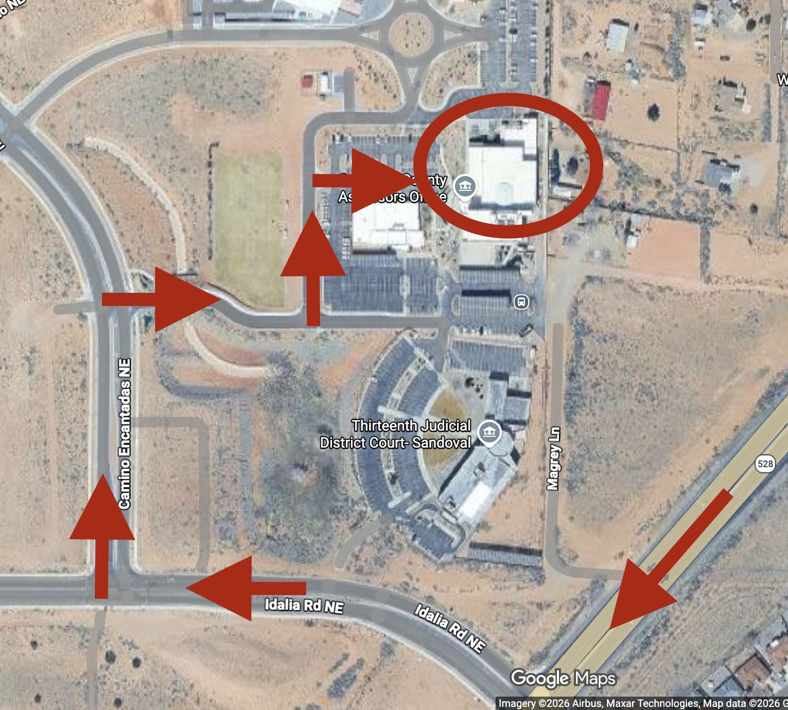 Directions to the Sandoval County Administration Building from NM-528 — turn at Idalia Rd NE, building is at end of access road